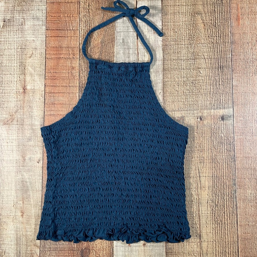 Old Navy Blue Cotton Smocked Halter Top Ruffle Hem Tie Neck Size Medium